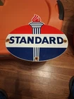VINTAGE STANDARD GASOLINE PORCELAIN SIGN SERVICE STATION AMERICAN OIL TORCH GAS