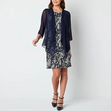 R & K Originals Womens Floral Faux-Jacket Dress - Navy Sz 16 925237