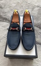 Authentic Gucci Web Silver Horsebit Blue Leather Mens Loafer US10.5 EU44 UK10