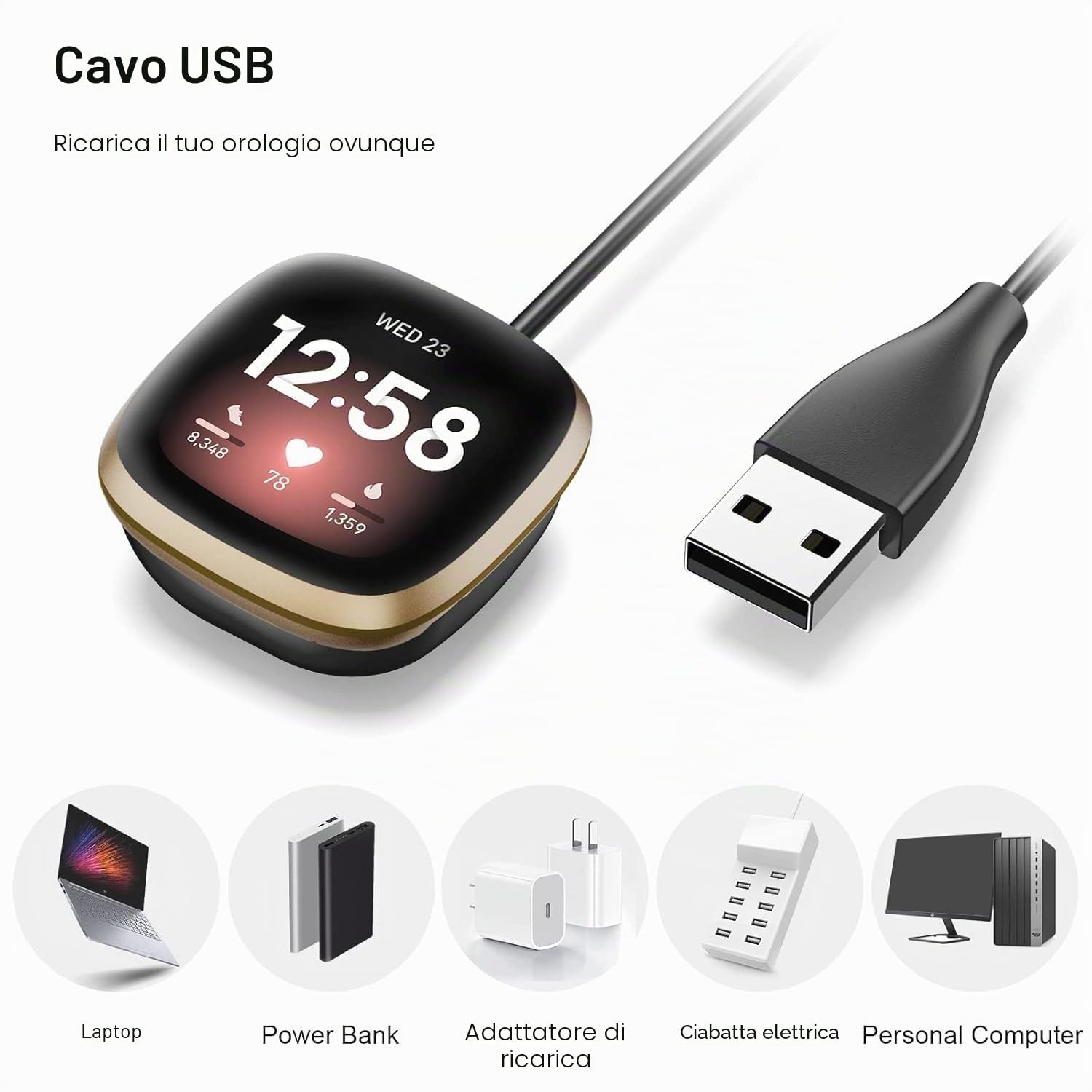 EnergiaExtra Caricatore per Smartwatch Versa 3 4 & Sense 2 Cavo Ricarica foto 4