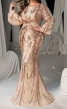 Beige Gold Sequin Long Sleeve Evening Dress Formal Gown