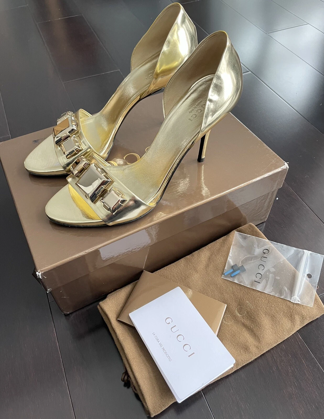 Escarpin sandale femme GUCCI talon sable Pelle S curio miroir doré lamé taille 6+ 6,5