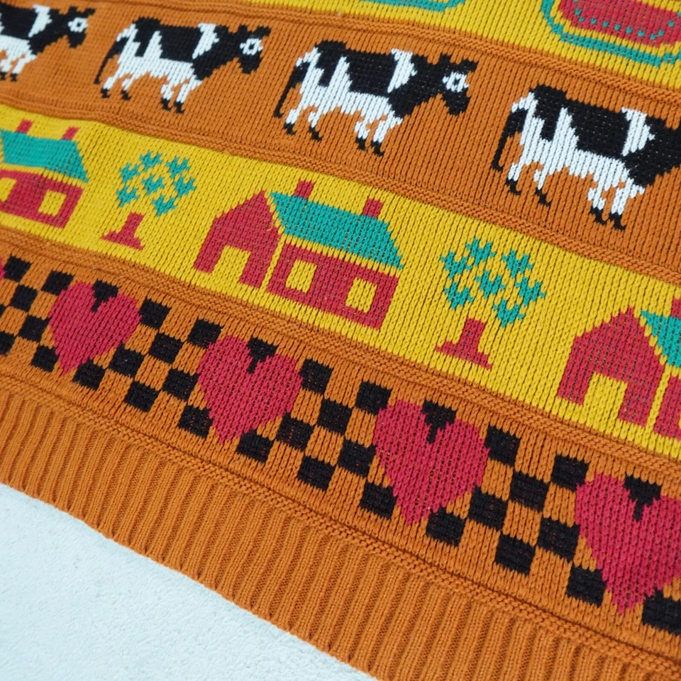 Suéter Tejido Abuela De Colección Para Mujer Mediano Naranja Vacas Granja Exterior Animales Estados Unidos Foto 3 de 4
