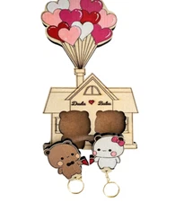 Handmade Bubu Dudu Keychain Holder with Bubu and Dudu Silver Keys, Handmade Wood