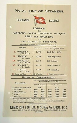 1934 Natal Line Of Steamers Advertising Destinations & Prices  Leaflet London 