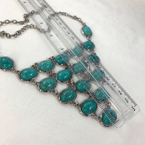 Fashion Large Bib Necklace Simulated Turquoise Cabochons Faux Silver Mountings - Picture 4 of 6