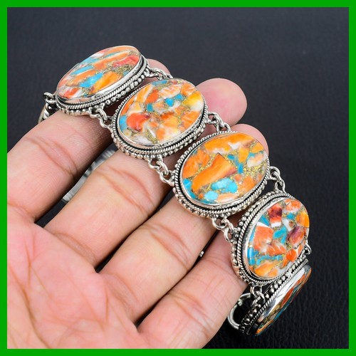 Spiny Oyster Copper Turquoise Gemstone 925 Silver Vintage Chain Bezel Bracelet - Picture 5 of 6