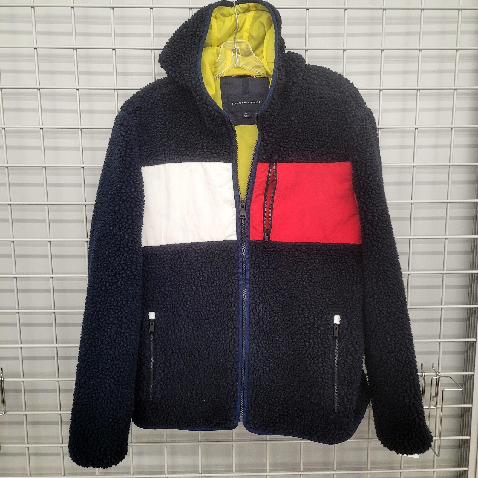 Vtg Tommy Hilfiger Jacket Deep Pile Fleece Big Flag Colorblock Hip Hop Wu Tang