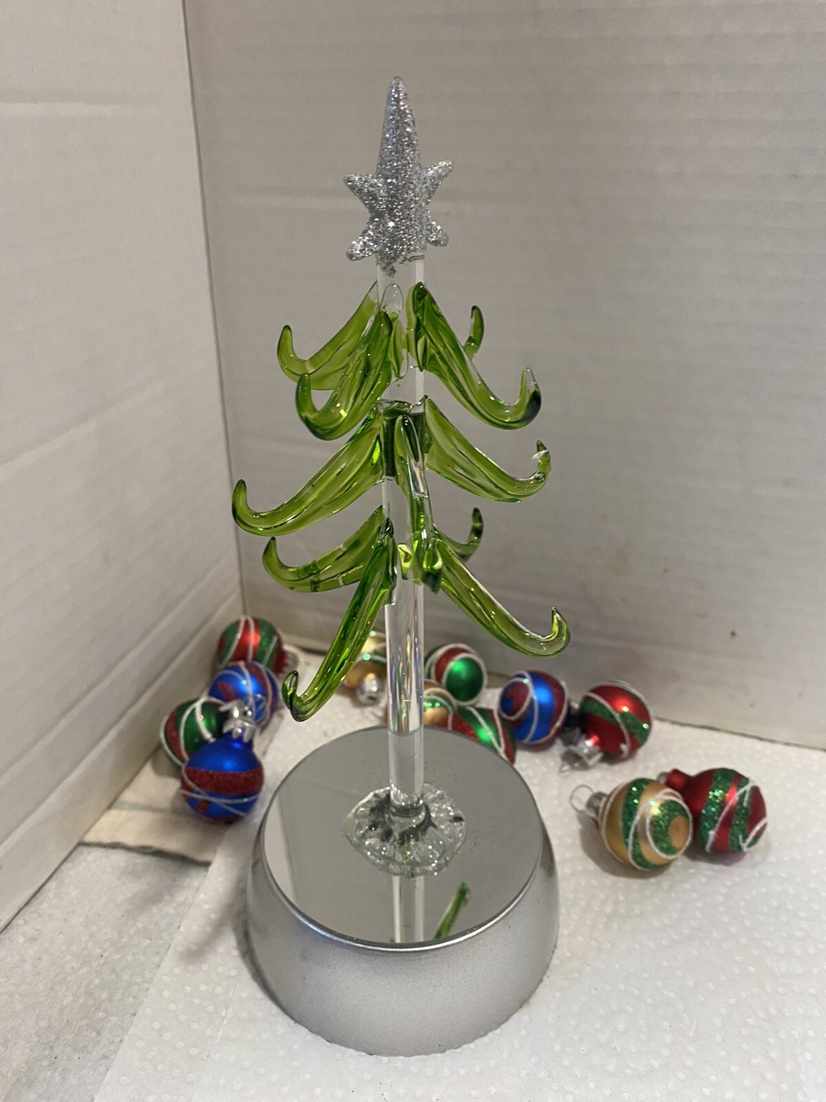 Blown Glass 8" Light Up Glass Christmas Tree with 12 Ornaments New in
