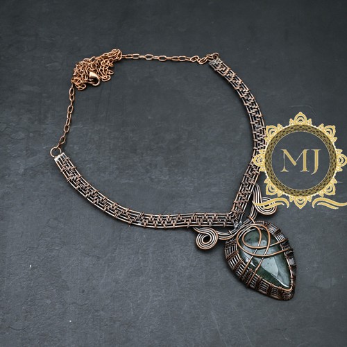 Moss Prehnite Gemstone Copper Wire Wrapped Handmade Adjustable Necklace Jewelry - Picture 3 of 4