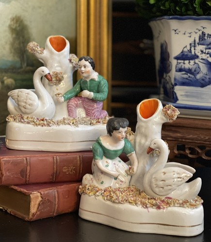 Exquisite Rare 19C English Staffordshire Children Feeding Swans Spill Vase Pair