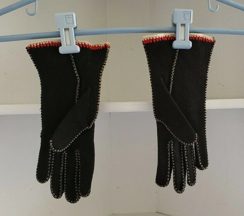 Guantes Vintage Mediados de Siglo Talla 7.5 Mujer Negro Rojo Floral Bordado CD Osborn Foto 3 de 4