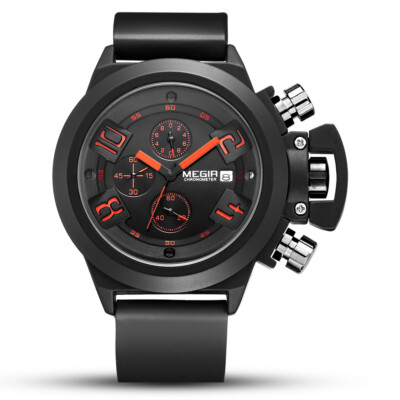 MEGIR Men's Watches Quartz Movement Alloy Case Silicone Strap Black 2002G