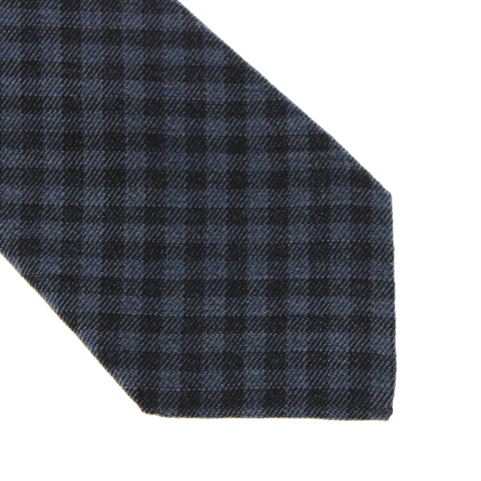 Kiton 全新无标签羊毛/丝绸混纺七折领带蓝色/黑色格子意大利制造 — 第 2/4 张图片