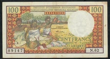 MADAGASCAR P58b 100 FRANCS (1964) RARE signature 4 aVF   NO p.h.