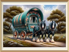 Original Landscape Art Print Romany Gypsy Wagon Bow Top Caravan Shire Horse R42