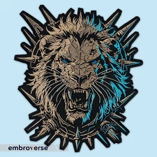 Fierce Lion Large Embroidered Back Patch, Angry Wild Beast with Spikes, Iron on