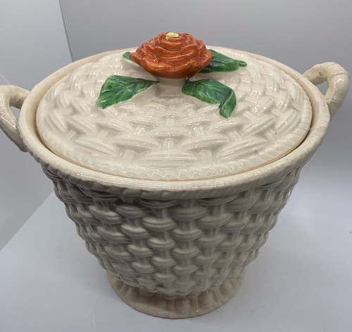 Vintage Japanese Yellow Jar Lidded With Orange Flower Basketweavev 8.5x9 Inches - Picture 4 of 10