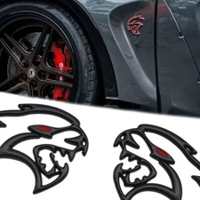2x Matte Black Red Devil Cat Hellcat 3D Badge Fender Side Car Emblem Metal Decal