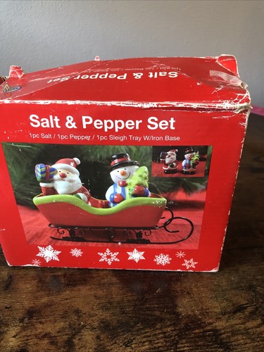 Atico Salt & Pepper Shaker Set Santa Snowman Sleigh Tray Iron Base Sleigh Holder - Picture 7 of 9