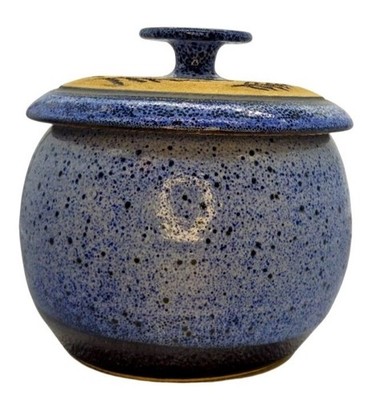 Handcrafted Stoneware Pot Lid Blue Speckled Glaze Studio Artisan Pottery Pot Bow