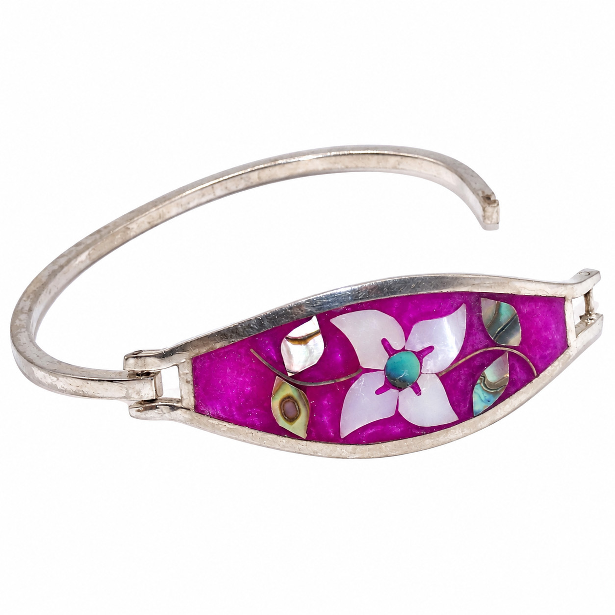 Vintage Alpaca Mexico Fuchsia Purple Enamel MOP Flowe… - Gem