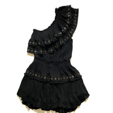 Misa Larissa One Shoulder Mini Dress Womens Smal Black Ruffle Grommets A-Line