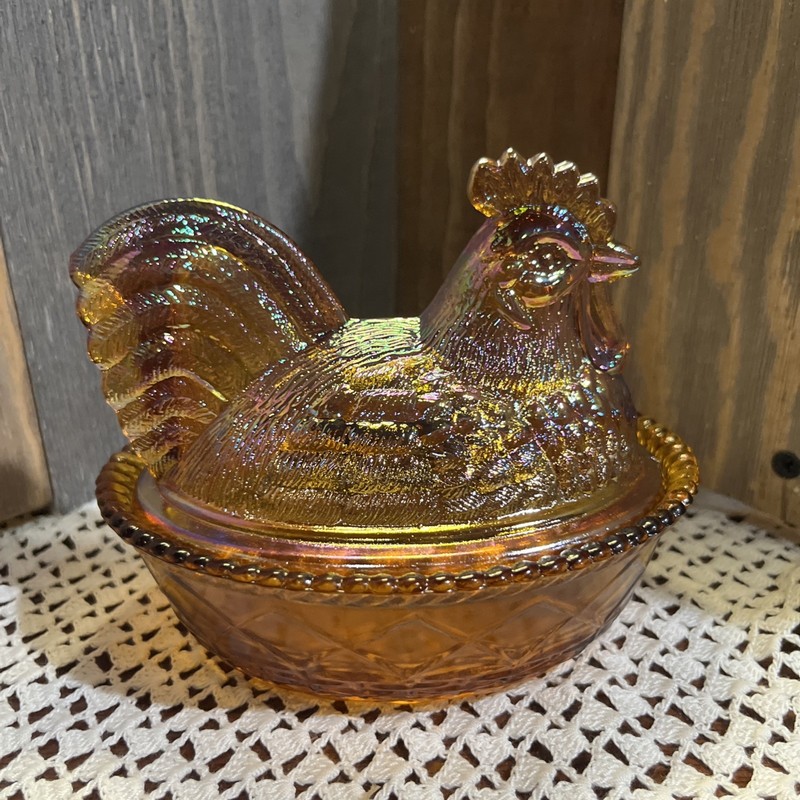 Westmoreland/Rosso 5.5" Amber Carnival Glass Rooster on Nest with a Split Tail