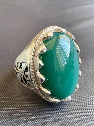 Vintage 925 Sterling Silver Ring Large Green Agate Ring Ottoman Style Size 12 US
