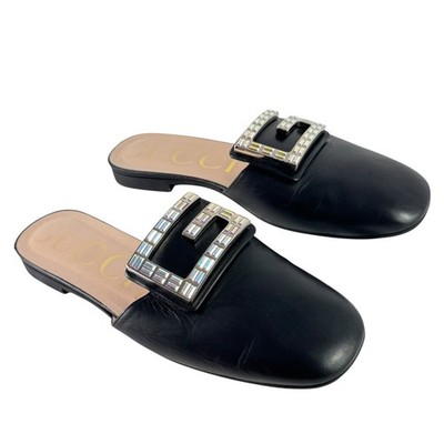 Gucci 551444 Madelyn Crystal G Embellish Black Leather Slide Flat