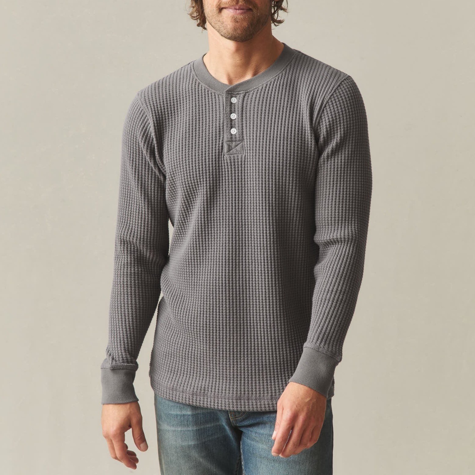 American Giant T-Shirt Men Medium Gray Cotton Stretch Waffle Knit Henley Neck