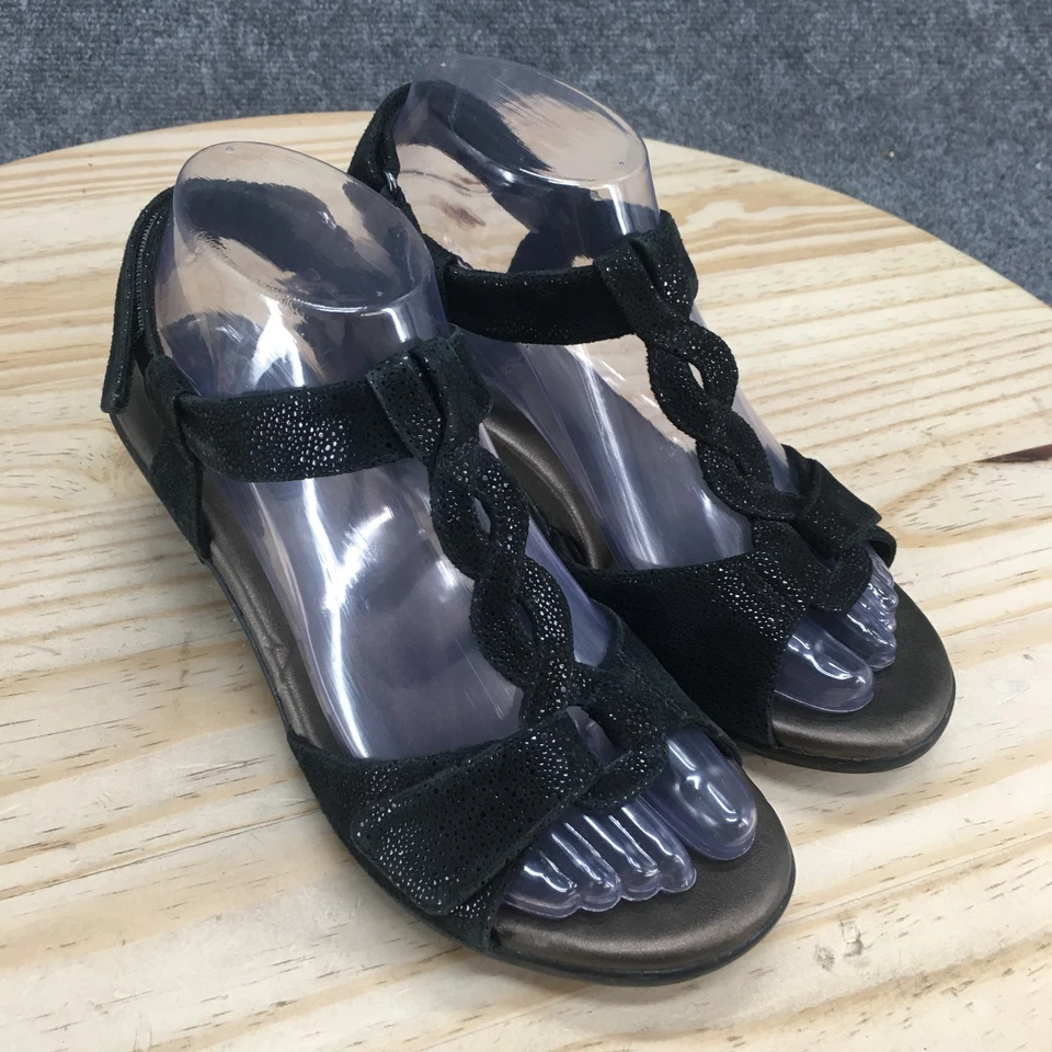 Босоножки Aravon женские 7 D Medici с Т-образным ремешком черные кожаные с открытым носком на кубинских каблуках - Изображение 3 из 4