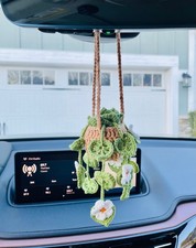 Crochet Car Hanging Plant, Succulent Rearview Mirror Decoration