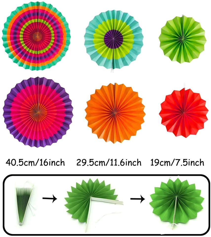 Party Decoration, 21 Pcs Multi-Color Hanging Paper Fans Pom Poms Flowers Garland - Image 2 of 4