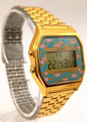 Limited Casio A159WGE Gold Digital Watch Rare Pixel Dial Alarm Chrono Vintage 