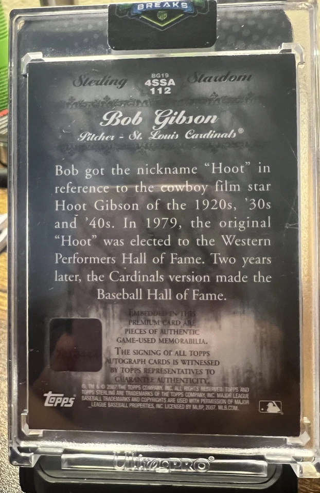 2007 Topps Sterling Bob Gibson Cardinals HOF Game-Used Patches AUTO 08/10 HOOT - Image 4 of 4