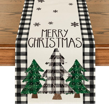 Black White Buffalo Plaid Pine Trees Christmas Table Runner 13x120 Holiday Decor
