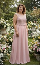 Maxi Dress Pink Chiffon Special Occasion Sweetheart Illusion Neckline Size 18 UK