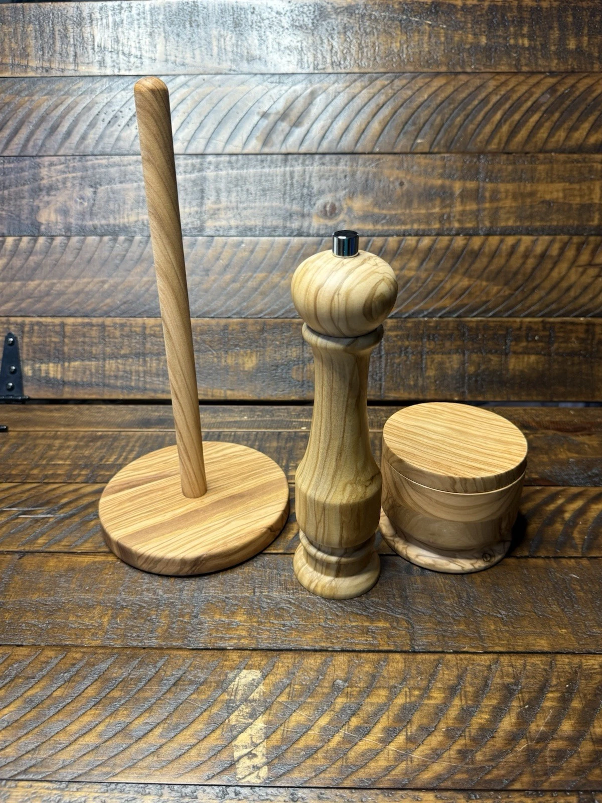Williams Sonoma Olivewood Salt Cellar & Pepper Mill Set 9" & Paper Towel Holder!