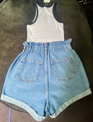 Topshop Paperbag Denim Shorts size 8 & Zara White with Black Trim Top New size M - Picture 2 of 8