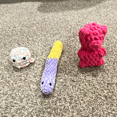 Handmade Crochet Plush Lot of 3: Pink Gummy Bear, Gummy Worm, Baby Squid