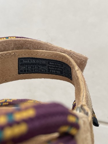 Teva Sandals Women Sz 9 Wedge Flats Cross Strap Color Block Suede Brown Purple - Picture 11 of 11