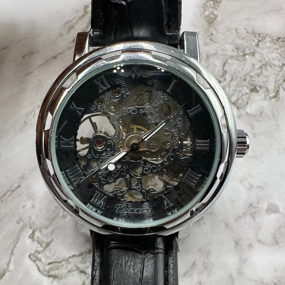 Winner Automatic Watch Men Silver Tone Skeleton Dial 39MM Black Band 9 Inch - Image 2 of 4