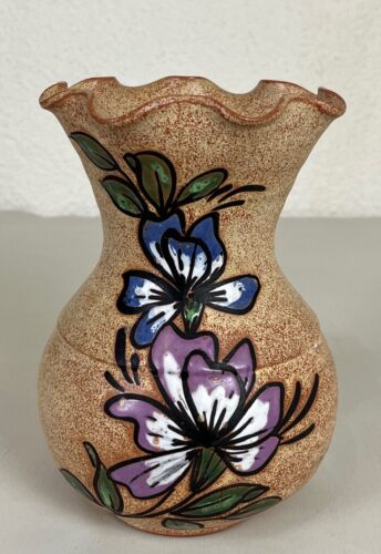 Ancien XXème vase en terre cuite fait main décor floral - Afbeelding 1 van 13