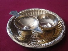 Set of Brass Religious Items Plate Diya Lamp Bowl Hindu Puja Aarti Tika Havan