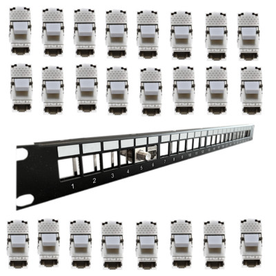 19''  Patchpanel Verteilerfeld für 24-Port CAT6A,7,8 + 24 Keystone- Jack Module