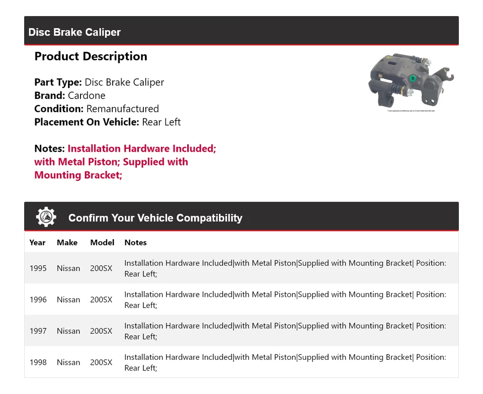 Pinza de freno de disco trasera izquierda cardone 1996 1997 para Nissan 200SX 1995-1998 Foto 2 de 4