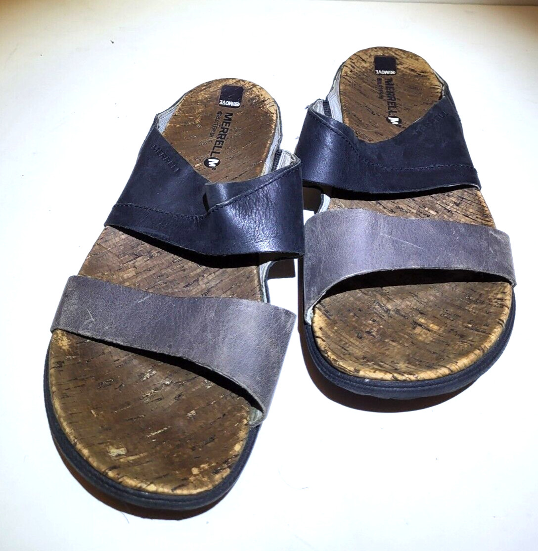 Merrell Around Town Slide Sandals Black Gray Leather Grip