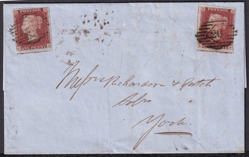 1853 ALPH 2 SG8 1d ROTBRAUNE PLATTE 163 PAAR LONDON NACH YORK CTR COVER (VGL./CG)