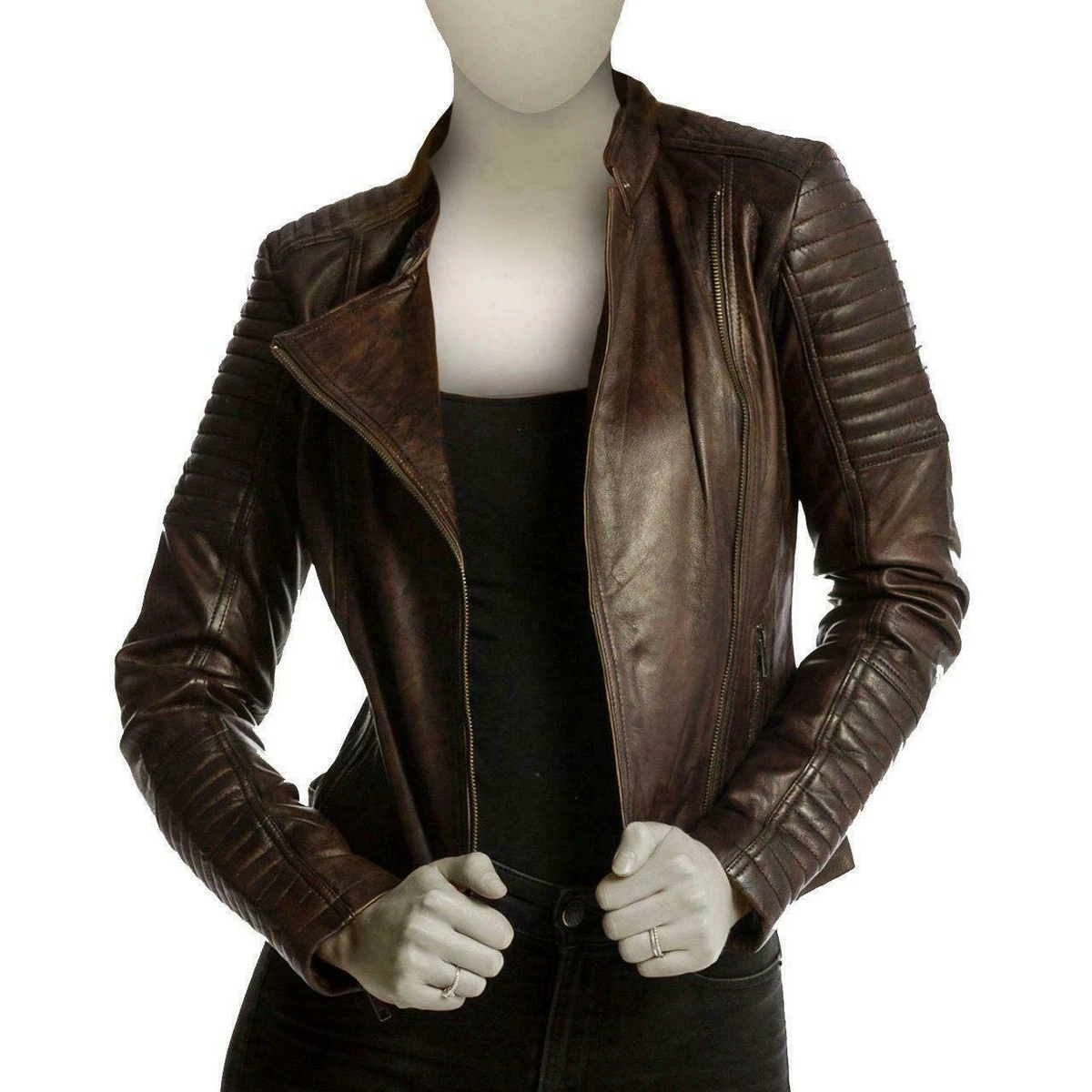 Stylish Women Leather Jacket Long Sleeves Vintage Brown Leather Biker Jacket USA